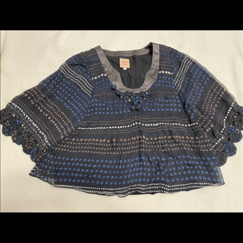 Twinkle by Wenlan silk black blouse with blue and white dots (size 8)